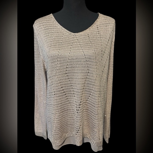 SIONI STUDIO SEQUIN BEIGE OPEN KNIT CROCHET OVERLAY BACK ZIP SWEATER SZ L - Picture 1 of 11